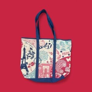 Lancôme Blue & Red Bon Voyage Tote Bag France Eiffel Tower Travel Graphic Purse